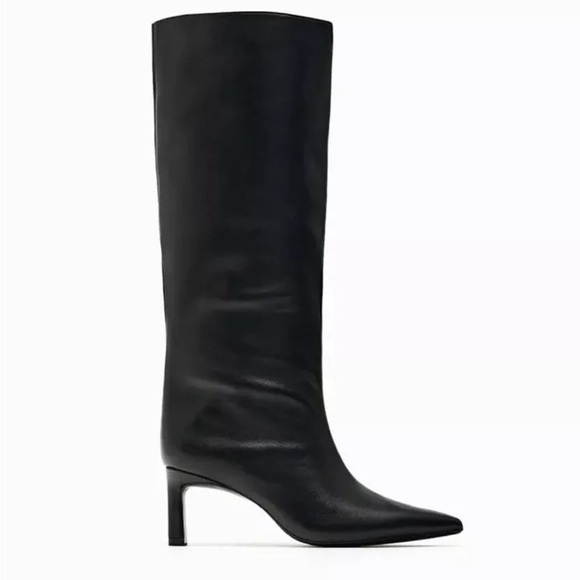 Zara HEELED LEATHER KNEE BOOTS. Black. Size 6. New with Tags. - Picture 3 of 9
